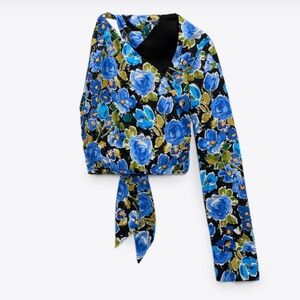 Zara Blue floral print asymmetrical one sleeve shoulder top